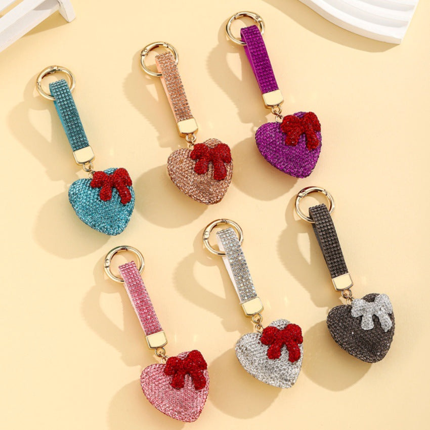 Wholesale European Style Resin Rhinestone Bow Heart Keychain Pendant Decorative Accessory
