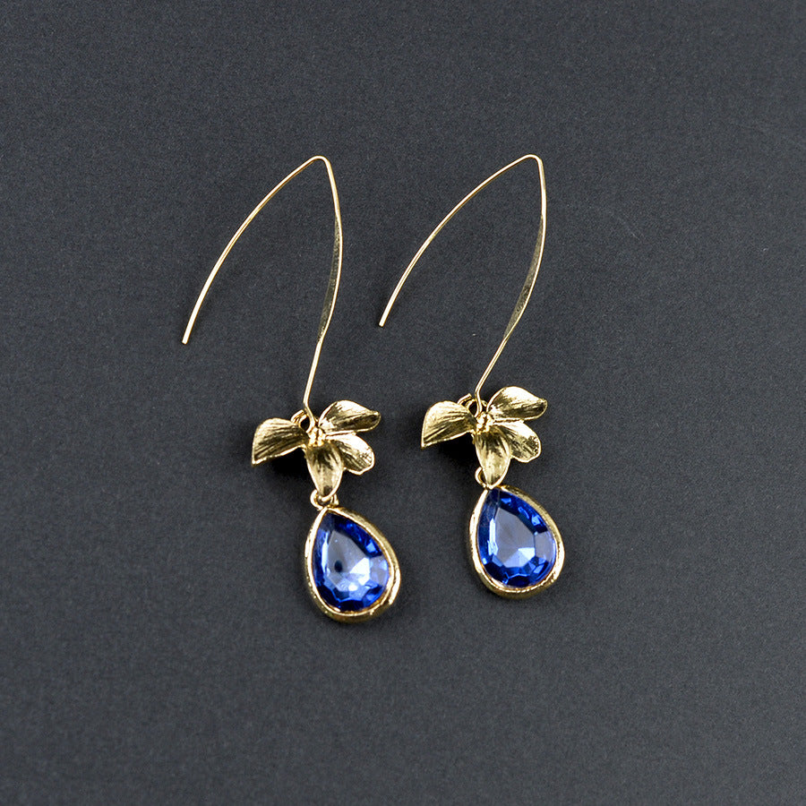 Wholesale Retro Orchid Drop Earrings Sapphire Blue Faux Pearl Zinc Alloy Boutique Jewelry Accessory