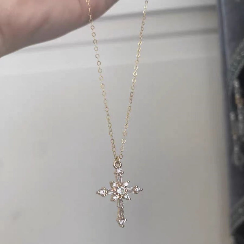 Wholesale 18K Gold Inlaid Zirconia Cross Clavicle Necklace