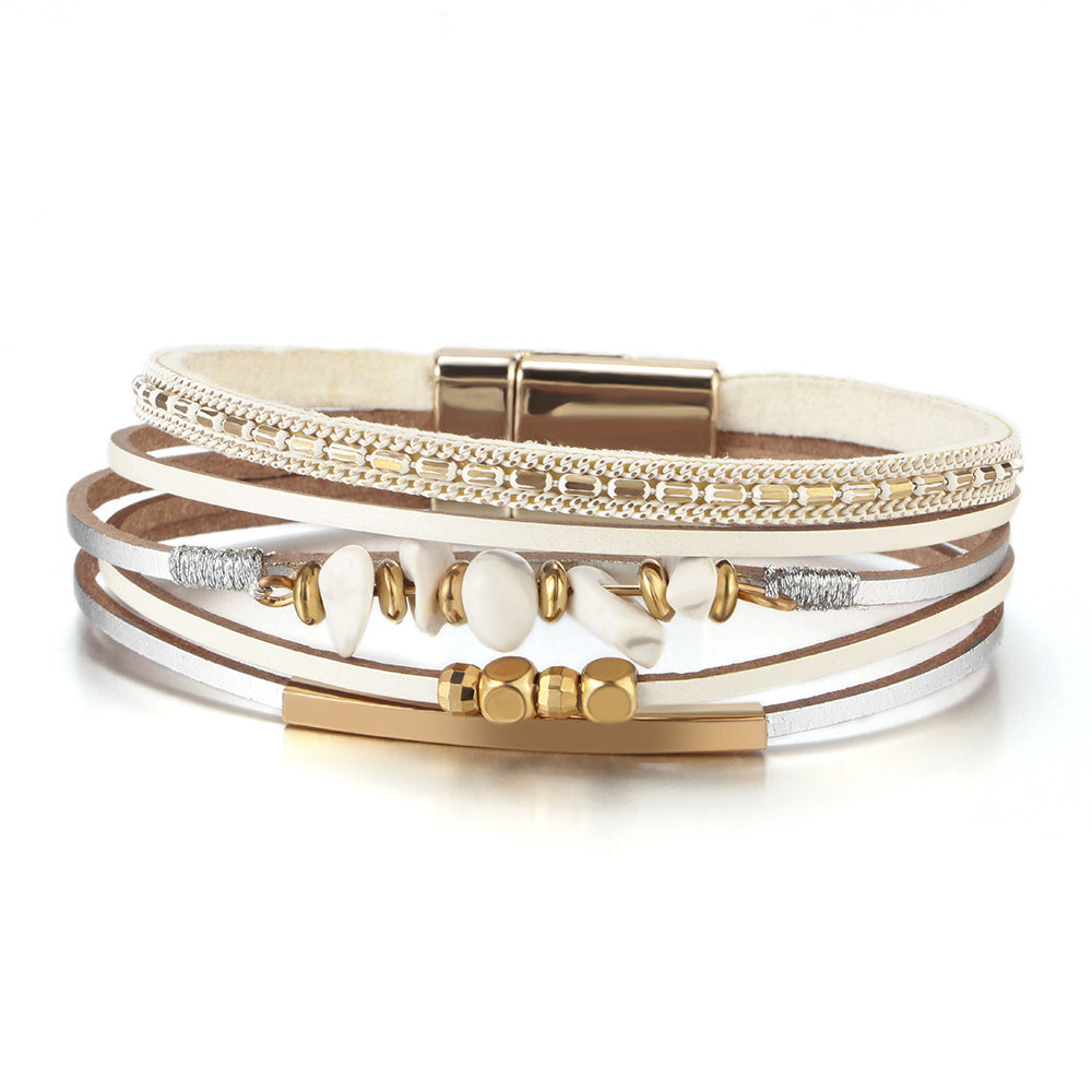 Wholesale Boho Style Natural Stone Beaded Leather Magnetic Bracelet