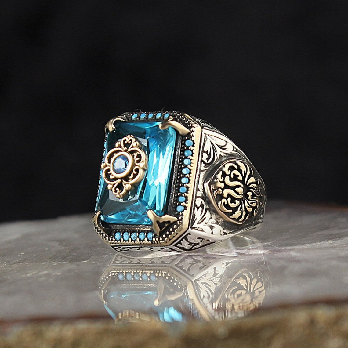 Wholesale Vintage Ethnic Style Texture Inlaid Sea Blue Zircon Rings ACC-RS-Yudie014