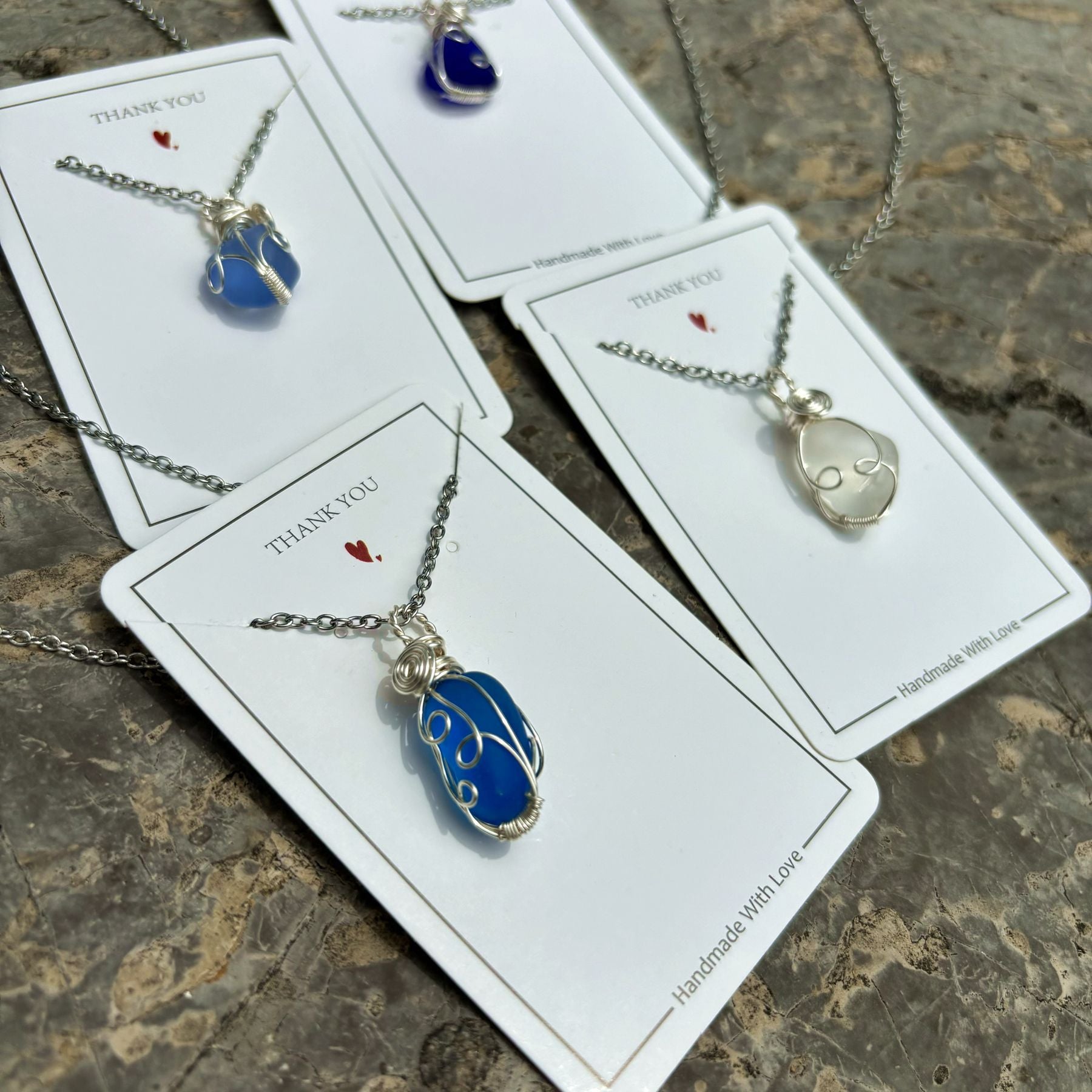 Wholesale Hand Wound Sea Glass Blue Necklace Pendant Crystal Natural Stone Crystal Mesh Bag ACC-NE-RongGuan012