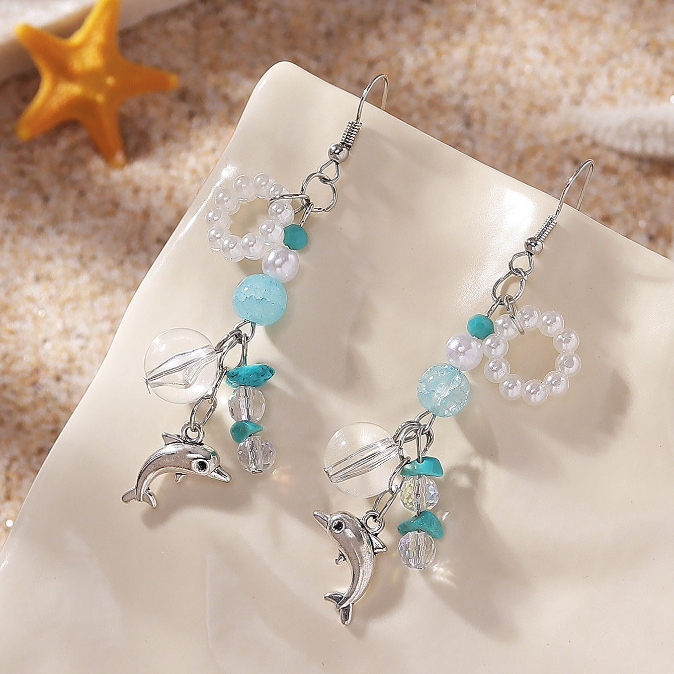 Wholesale Beaded Handmade Rhinestone Dolphin Colored Rice Bead Earrings