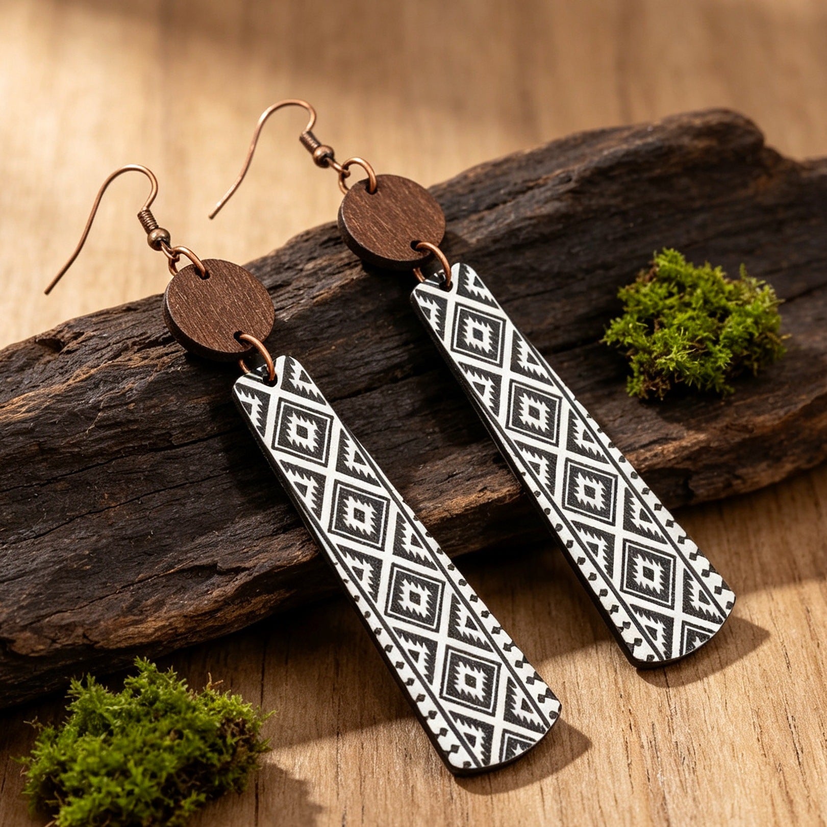 Wholesale Retro Geometric Wooden Earrings Black White Double Layer Print Jewelry Accessory For Boutique Resale