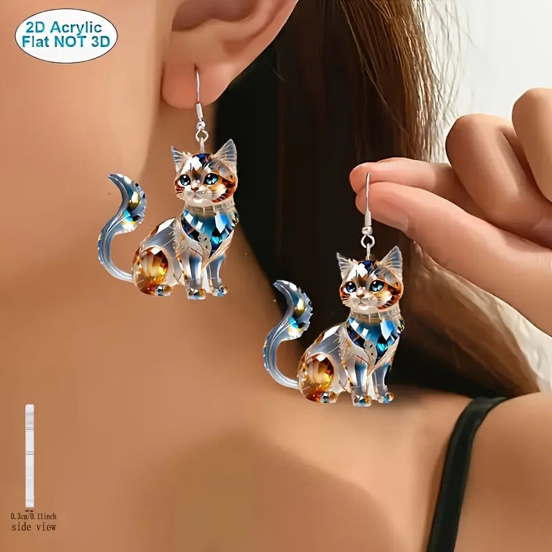 Wholesale Love Animal Crystal Persian Cat Pattern Flat 2D Acrylic Earrings
