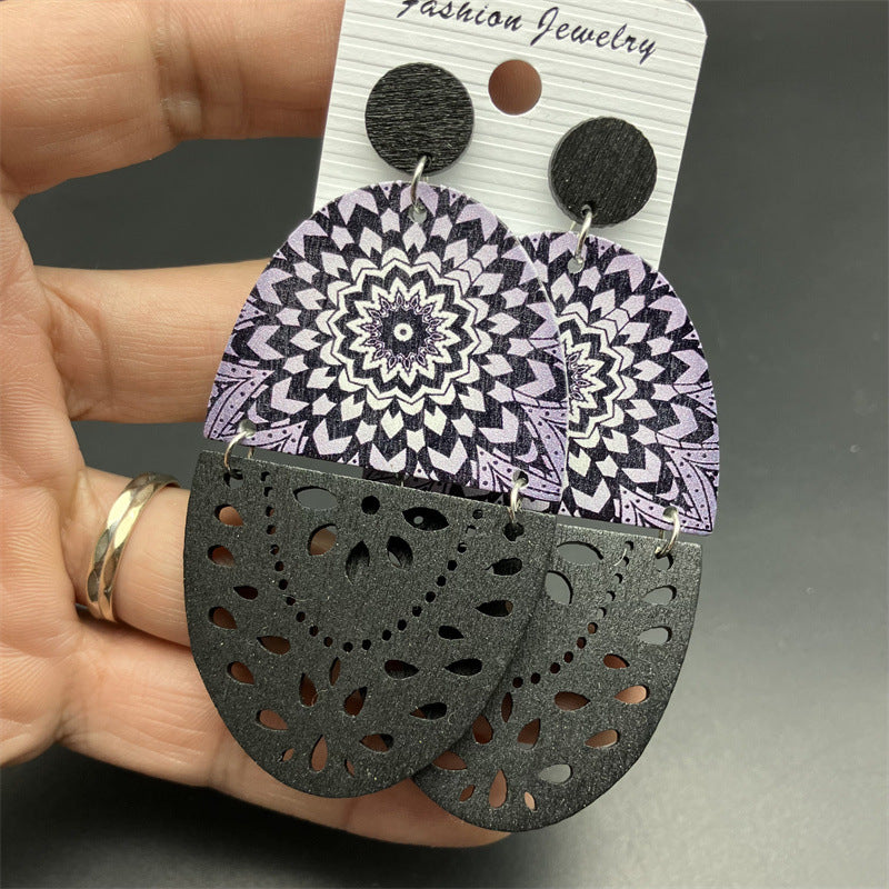 Wholesale Boho Style Cutout Printed Oval Wooden Earrings ACC-ES-FX005