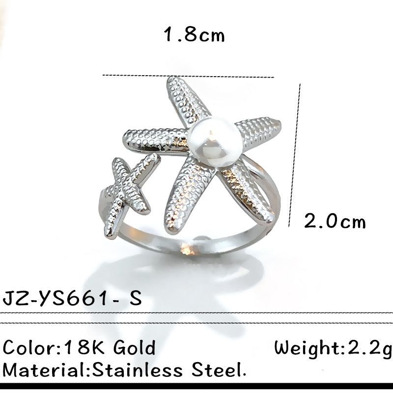 Wholesale Stainless steel starfish shell ring with pearl setting and open design