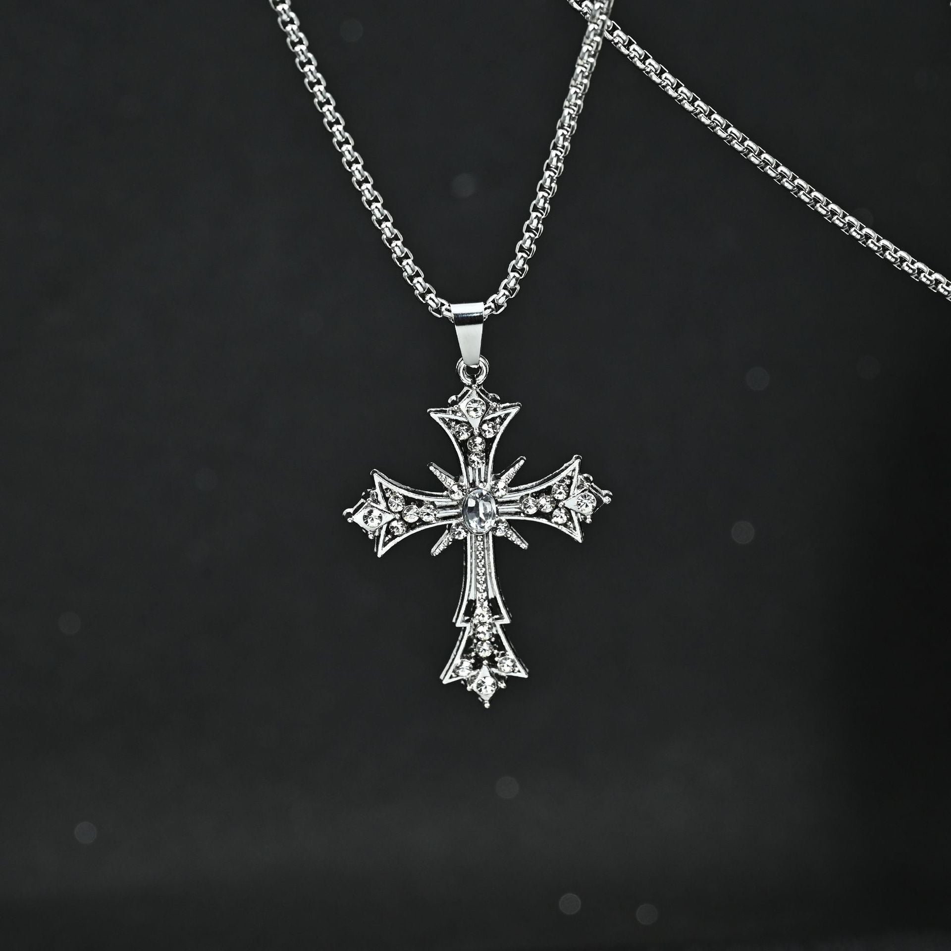 Wholesale Full Diamond Square Cross Necklace Stainless Steel Unisex Sweater Chain Jewelry Accessory