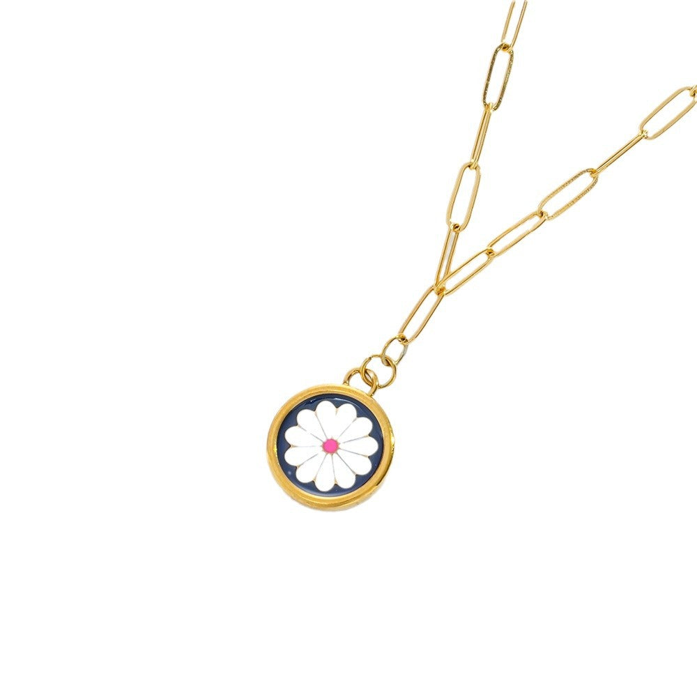 Wholesale Blue Enamel  Round Necklace Titanium Steel Everyday Fashion Accessory