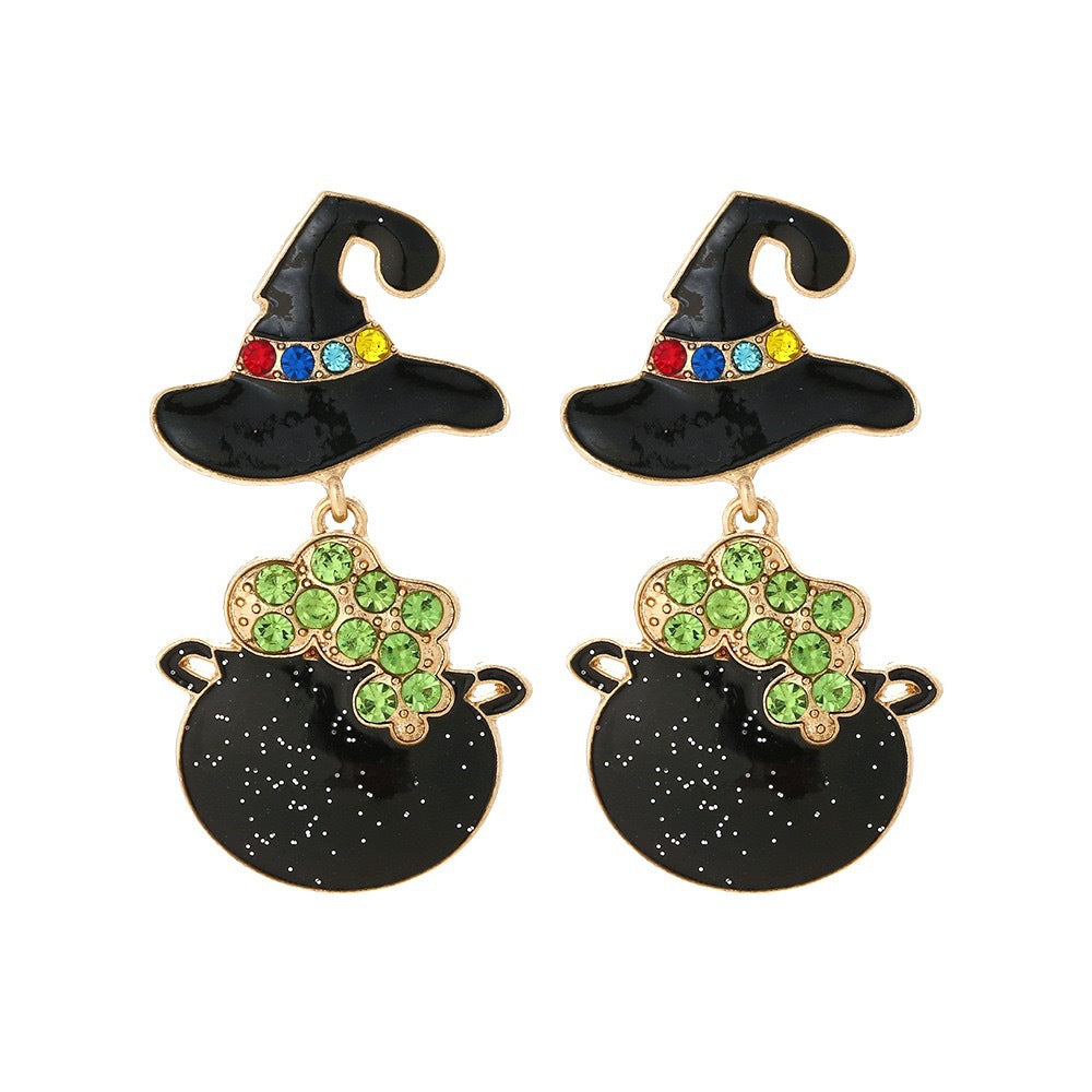 Wholesale  Funny Diamond Dropping Oil Witch Hat Black Crucible Earrings