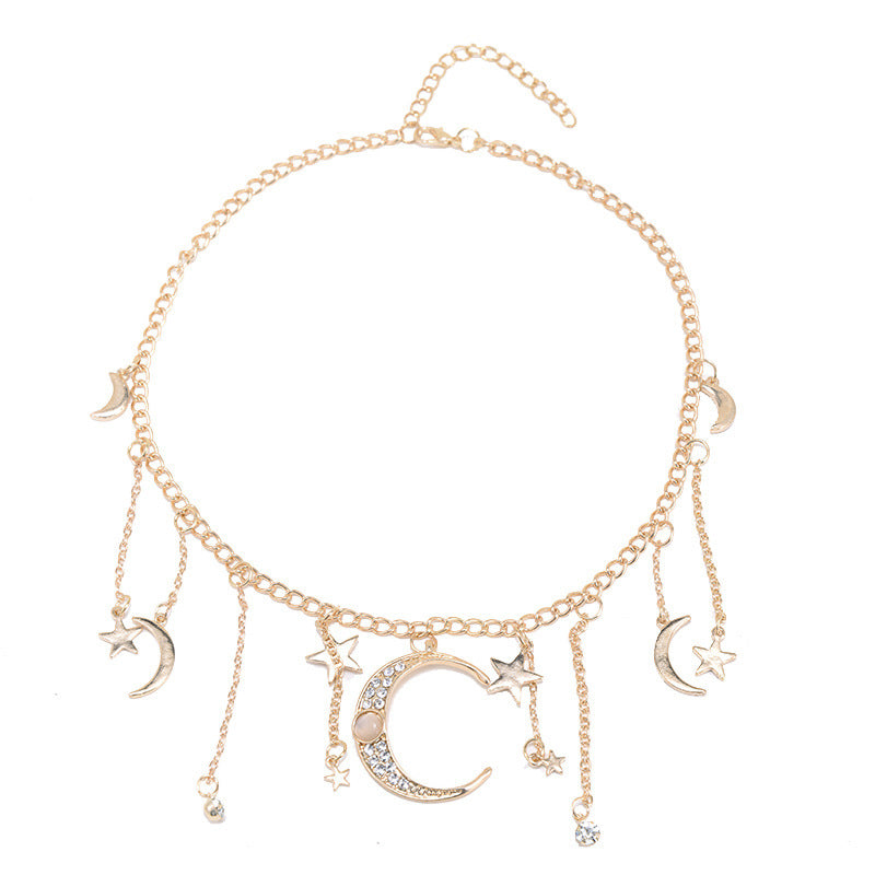 Wholesale Micro-inlaid Moon Necklace Star Tassel Clavicle Chain