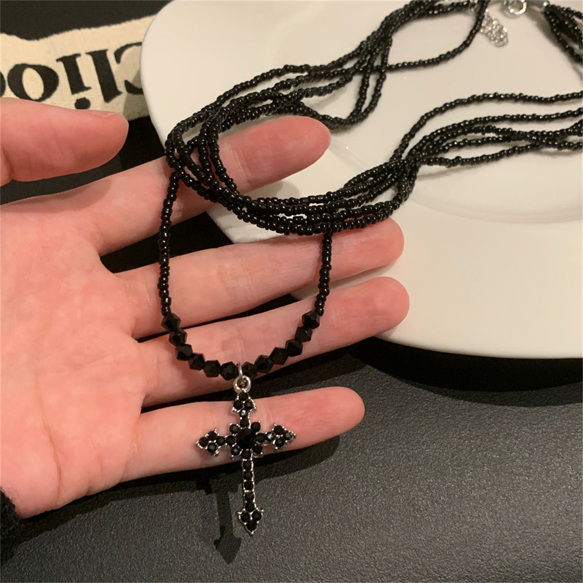 Wholesale  Shiny Rhinestone Cross Woven Rice Bead Multi-Layer Necklace