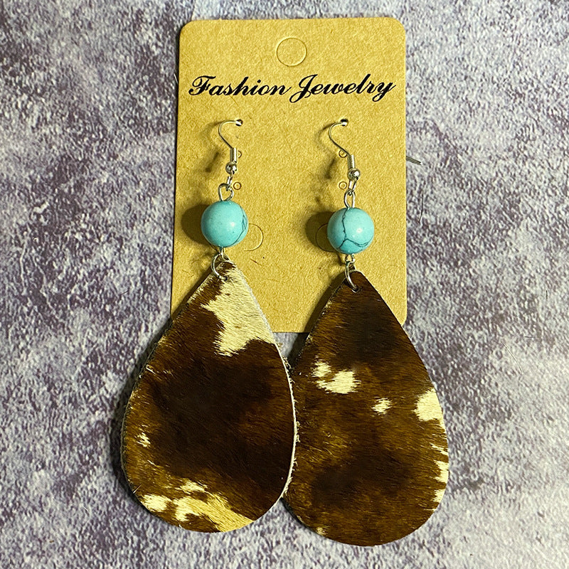 Wholesale Vintage Leather Earrings Western Style Long Teardrop Turquoise Stitching Earrings ACC-ES-XinChuan037