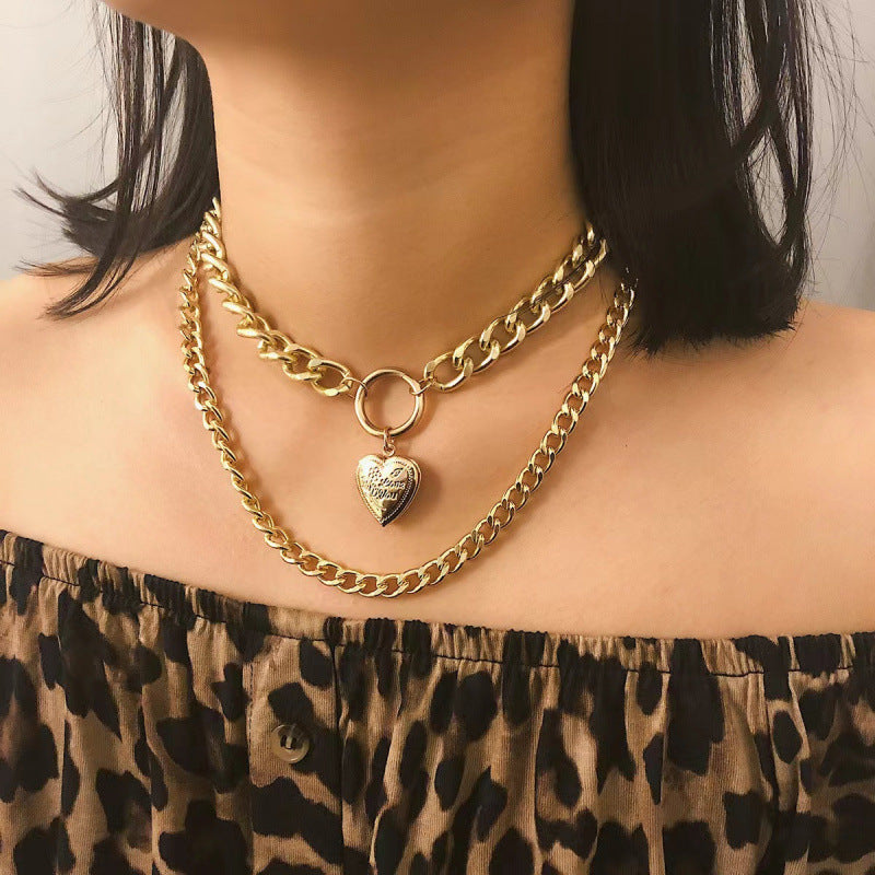 Wholesale Two Tone Metal Double Chain Necklace Heart Pendant Chic Layering Fashion Accessory Boutique Resale