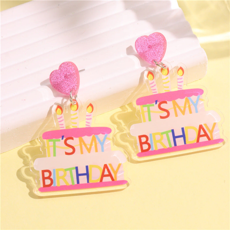 Wholesale Acrylic Happy Birthday Printed Birthday Cake Earrings