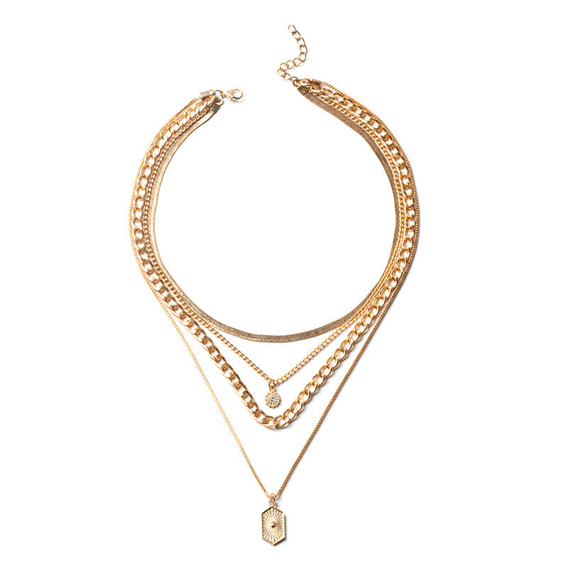 Wholesale Trendy Geometric Rhinestone Pendant Necklace Zinc Alloy Multi-Layer Layering Jewelry Boutique Resale