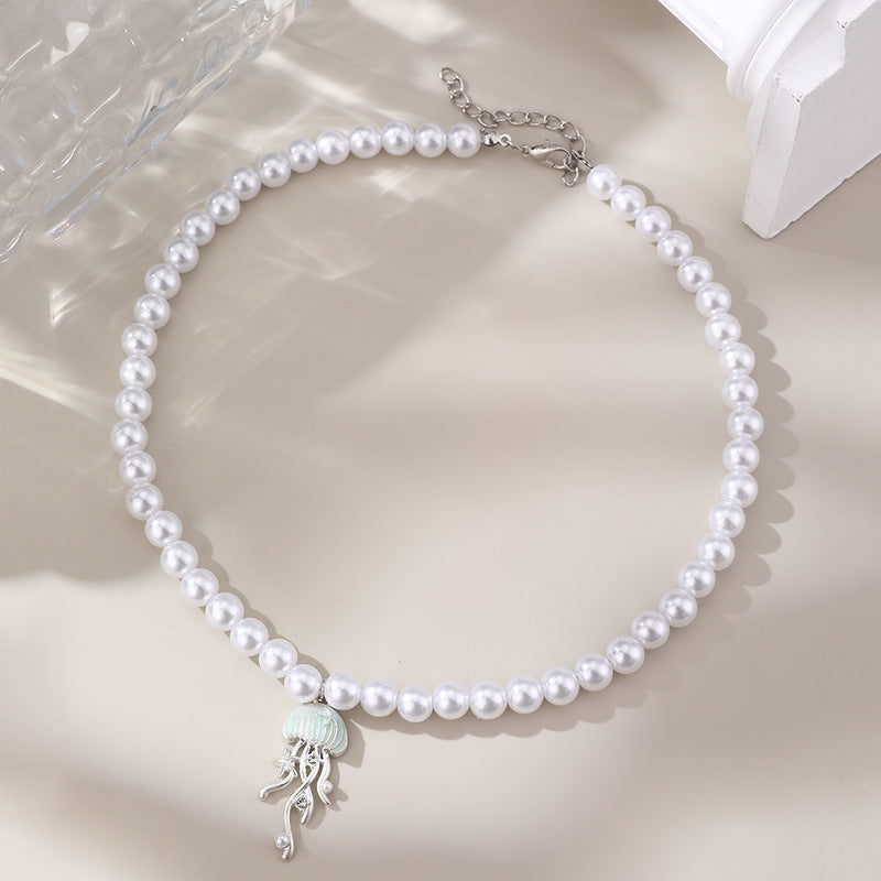 Wholesale pearl necklace metal jellyfish pink cute ocean wind  jewelry