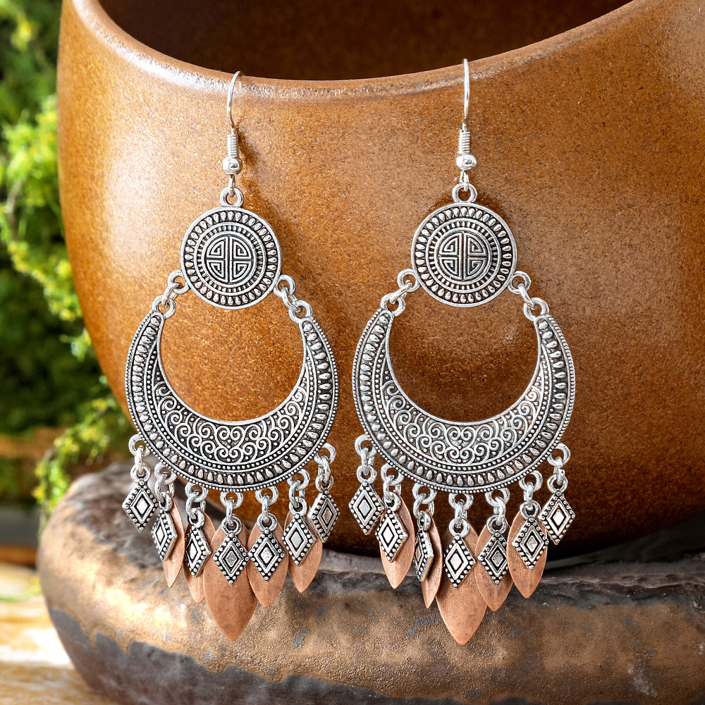 Wholesale Zinc Alloy Retro Ethnic Tassel Earrings with Geometric Pattern,  Fashion Accessory Gift