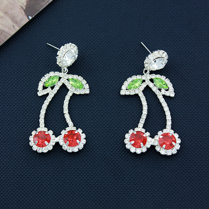 Wholesale  Red Rhinestone Cherry Pendant Earrings