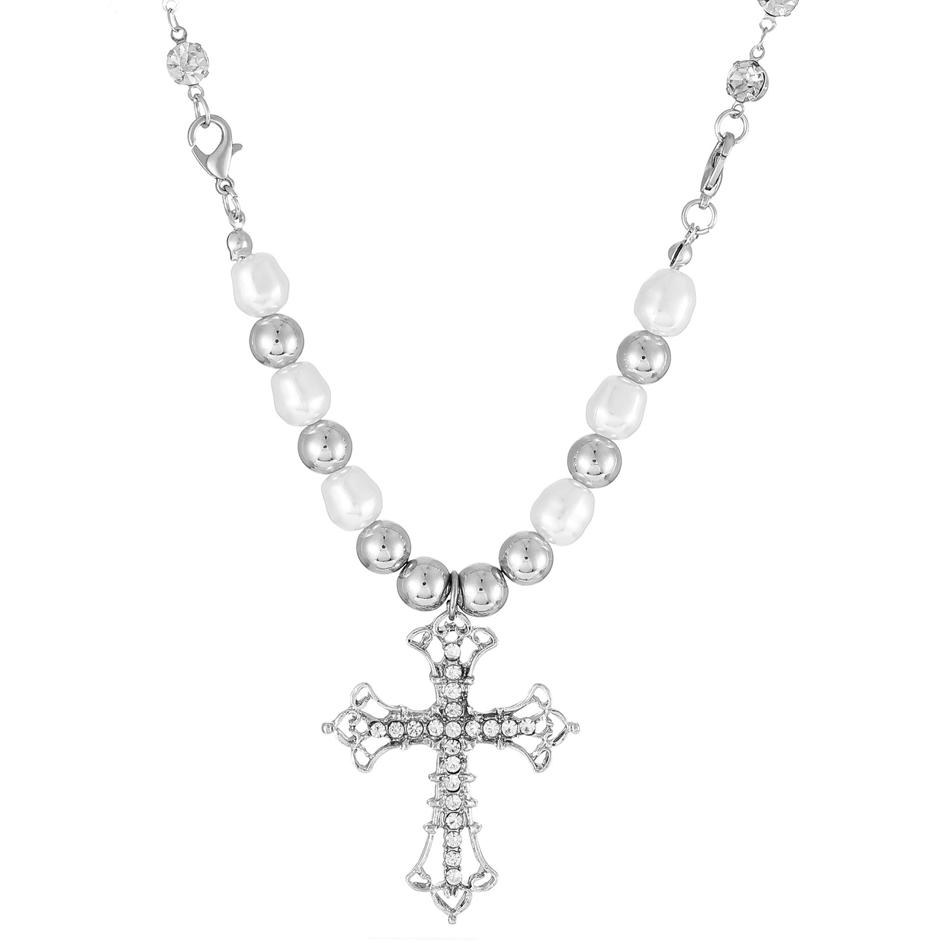 Wholesale Vintage Alloy Pearl Cross Pendant Multi-layered Sweater Necklace Long Necklace ACC-NE-MY005