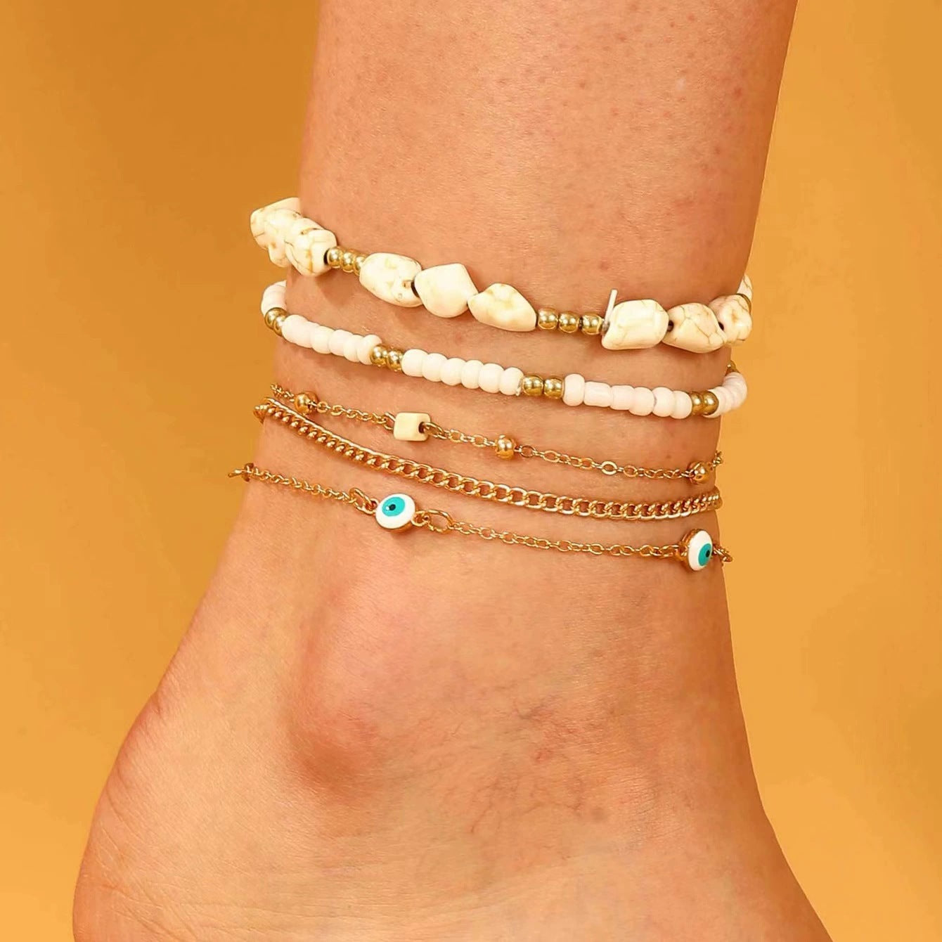 Wholesale Bohemian Vacation Style Color Random Soft Pottery Turtle Fish Tail Pendant Rice Bead Elastic Multi-Layer Foot Chain  Anklets