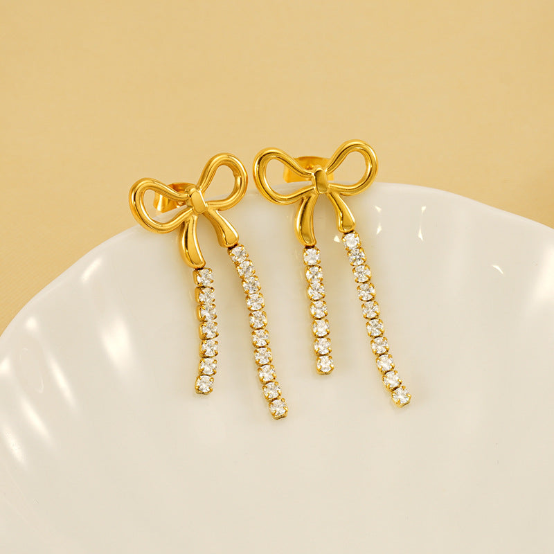 Wholesale Stainless steel  bow earrings long tassel earrings