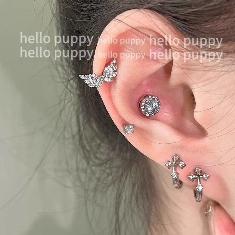 Wholesale full diamond flash wing ear bone studs titanium steel screw earrings