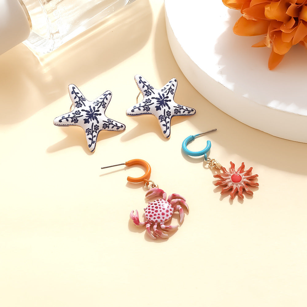 Wholesale Painted Blue and White Porcelain Starfish Crab Sun Earrings