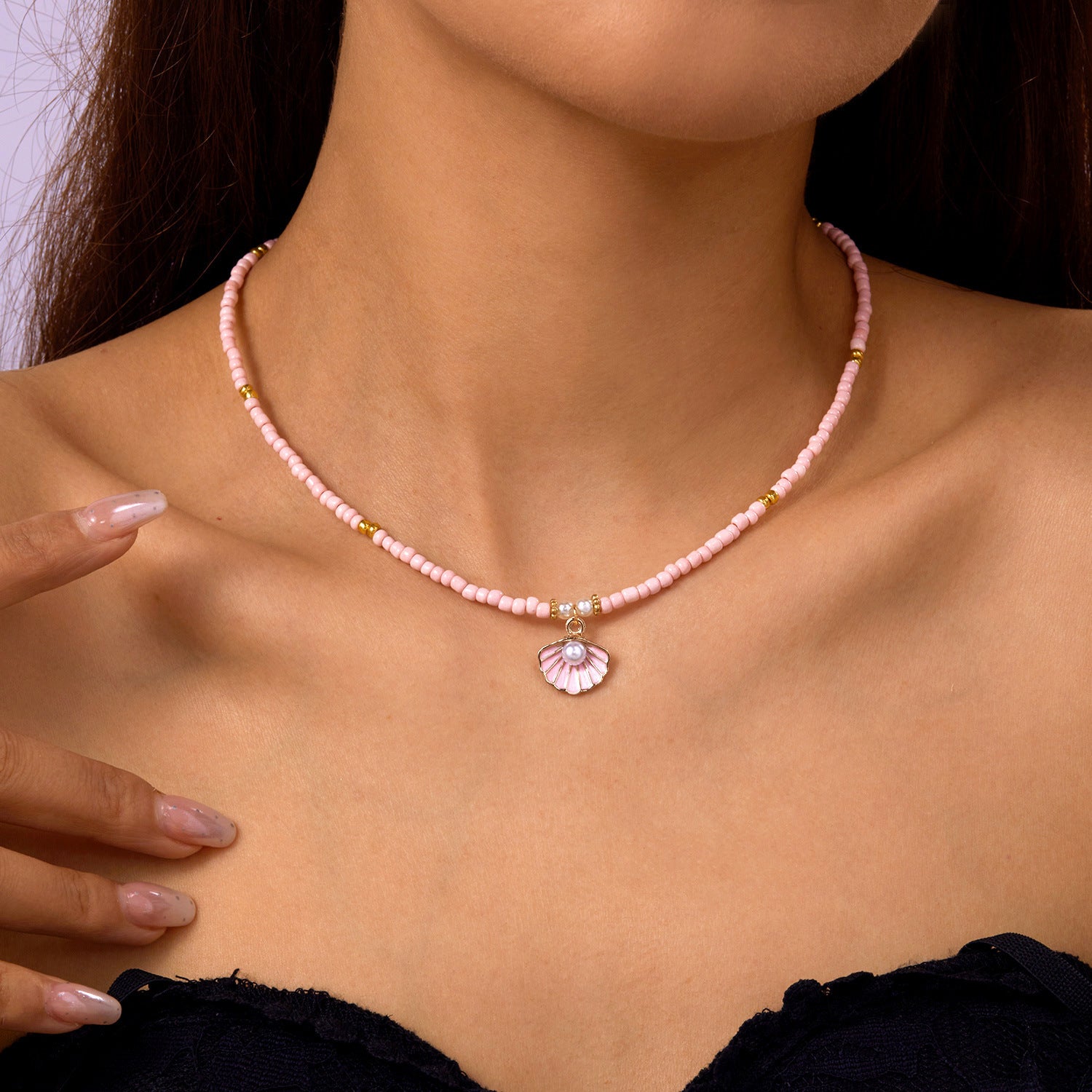 Wholesale summer rice beads necklace  shell rice beads short necklace