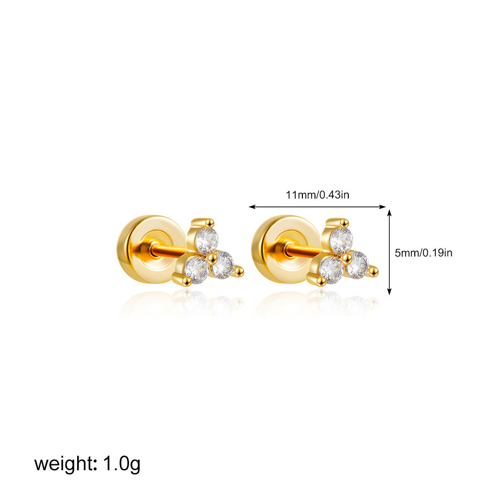Wholesale European and American Cross-border Stainless Steel 18K Gold Puncture Zircon Ear Nail Nail Nail Straight Screw Ear Nail Titanium Steel Ear Jewelry