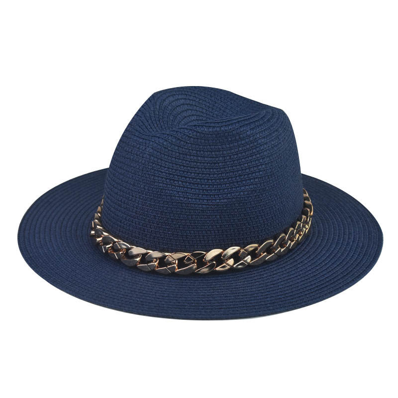 Wholesale Trendy Wide Brim Straw Hat With Gold Chain Decoration Flat Top Khaki Sun Hat For Summer Casual Wear
