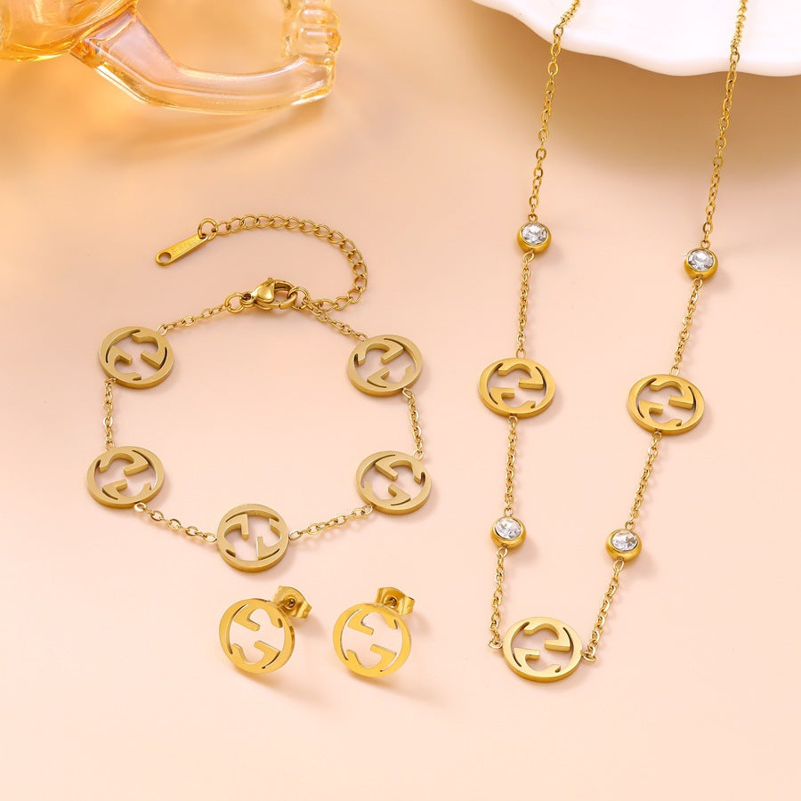 Wholesale Hollow Double G Letter Jewelry Set Zircon Stainless Steel Party Wear