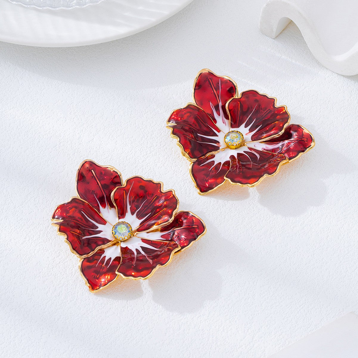 Wholesale Trendy Red Flower Stud Earrings Electroplated Alloy Party Jewelry Accessory For Women