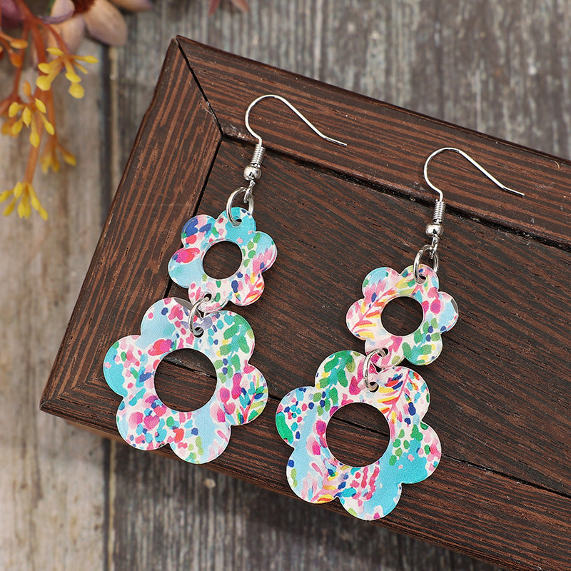 Wholesale Bohemian cut-out size flower leopard print flower earrings