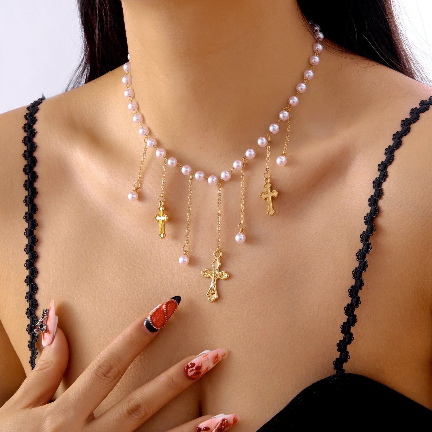 Wholesale Cross-shaped diamond tassel necklace