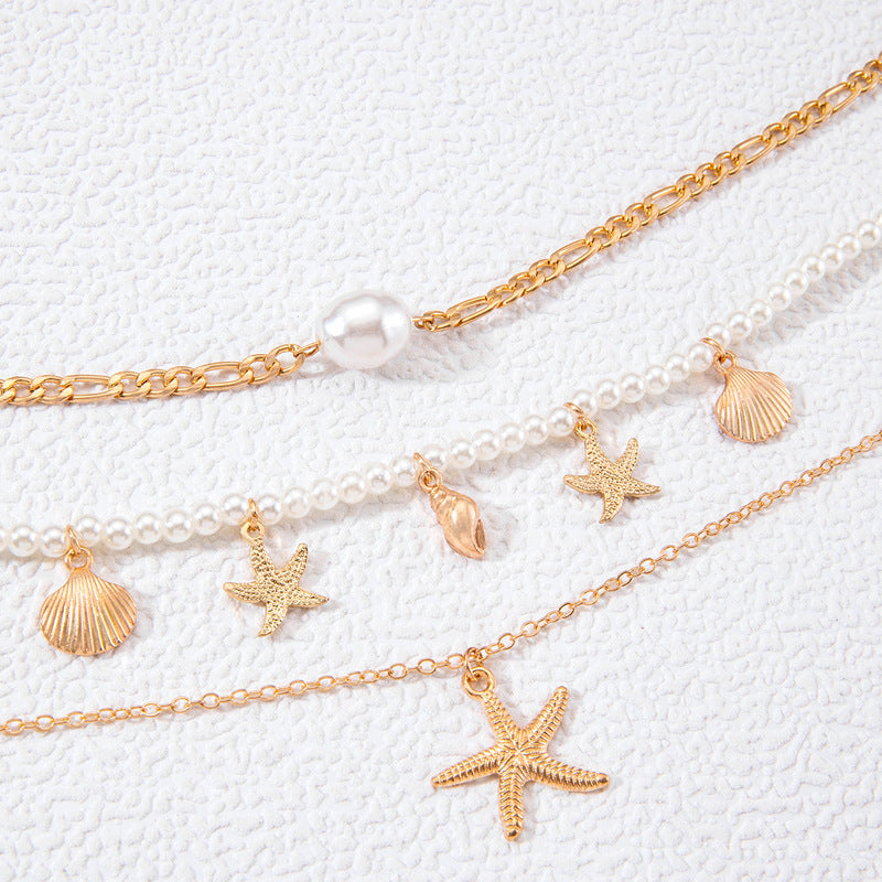 Wholesale  Pearl Necklace Starfish Shell Retro Vacation Niche Multi-layer Necklace