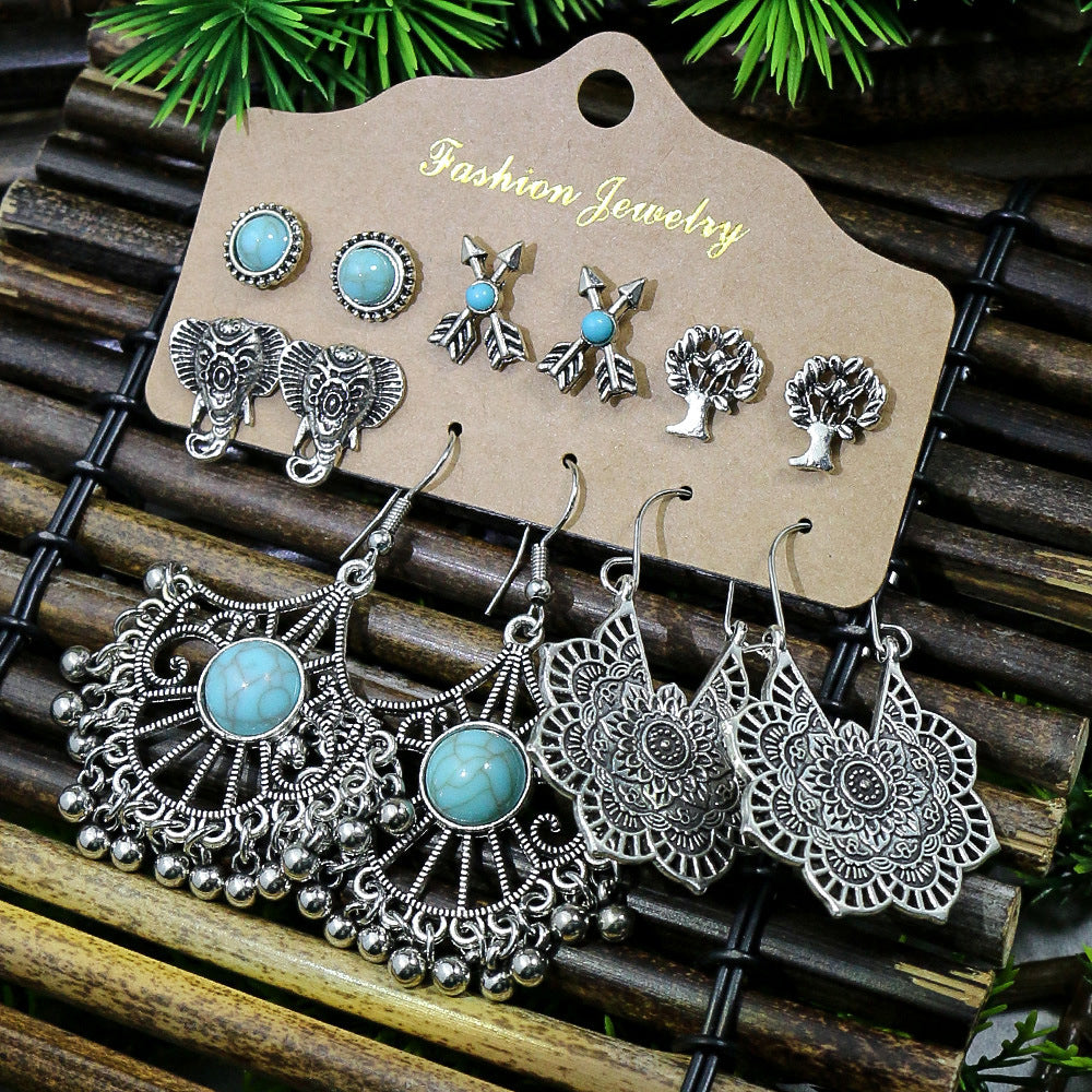 Wholesale Vintage Turquoise Lantern Flower Earrings 6-Piece Set,  Alloy Electroplated Jewelry for Everyday Wear Gift