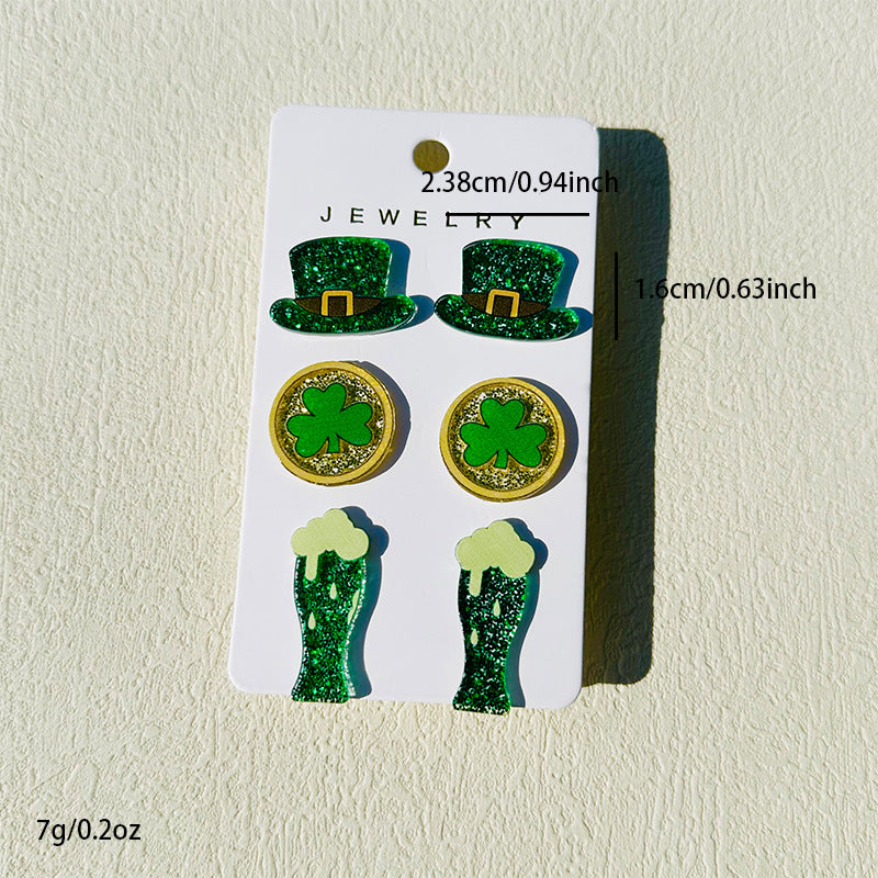 Wholesale St Patrick's Day hat Clover Gold coin beer acrylic  stud earrings