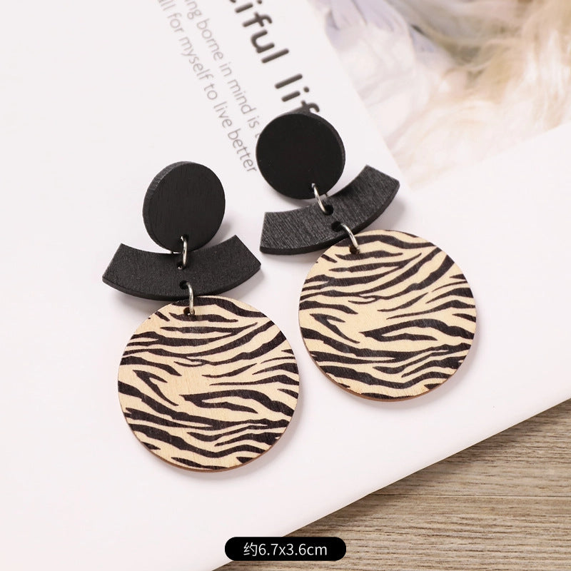 Wholesale Bohemian Wooden Ear Studs Geometric Stripe Ethnic Print Fashion Jewelry Accessory Boutique Gift