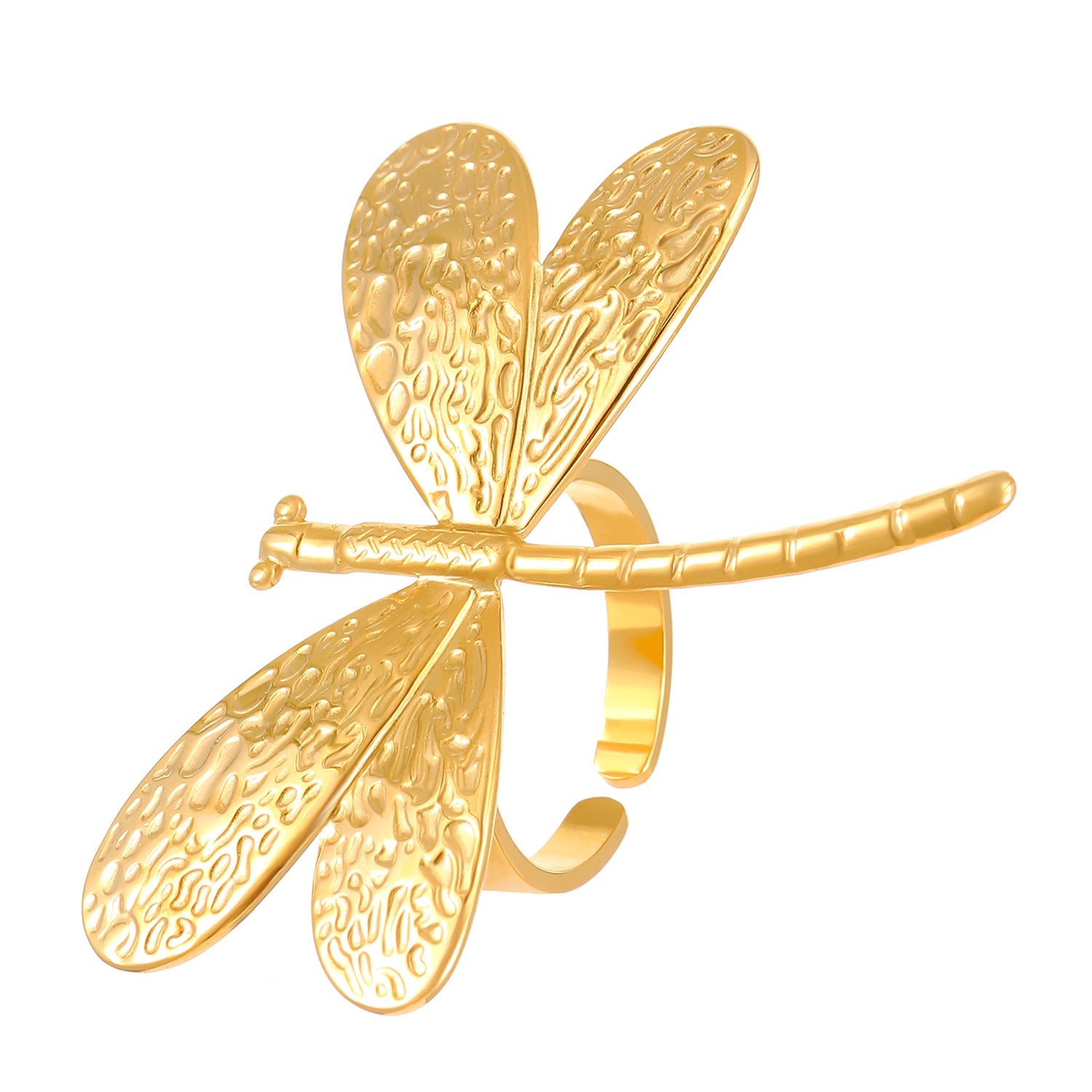 Wholesale 18k Gold Stainless Steel Open Ring with Dragonfly Floral Design Fashion Accessory