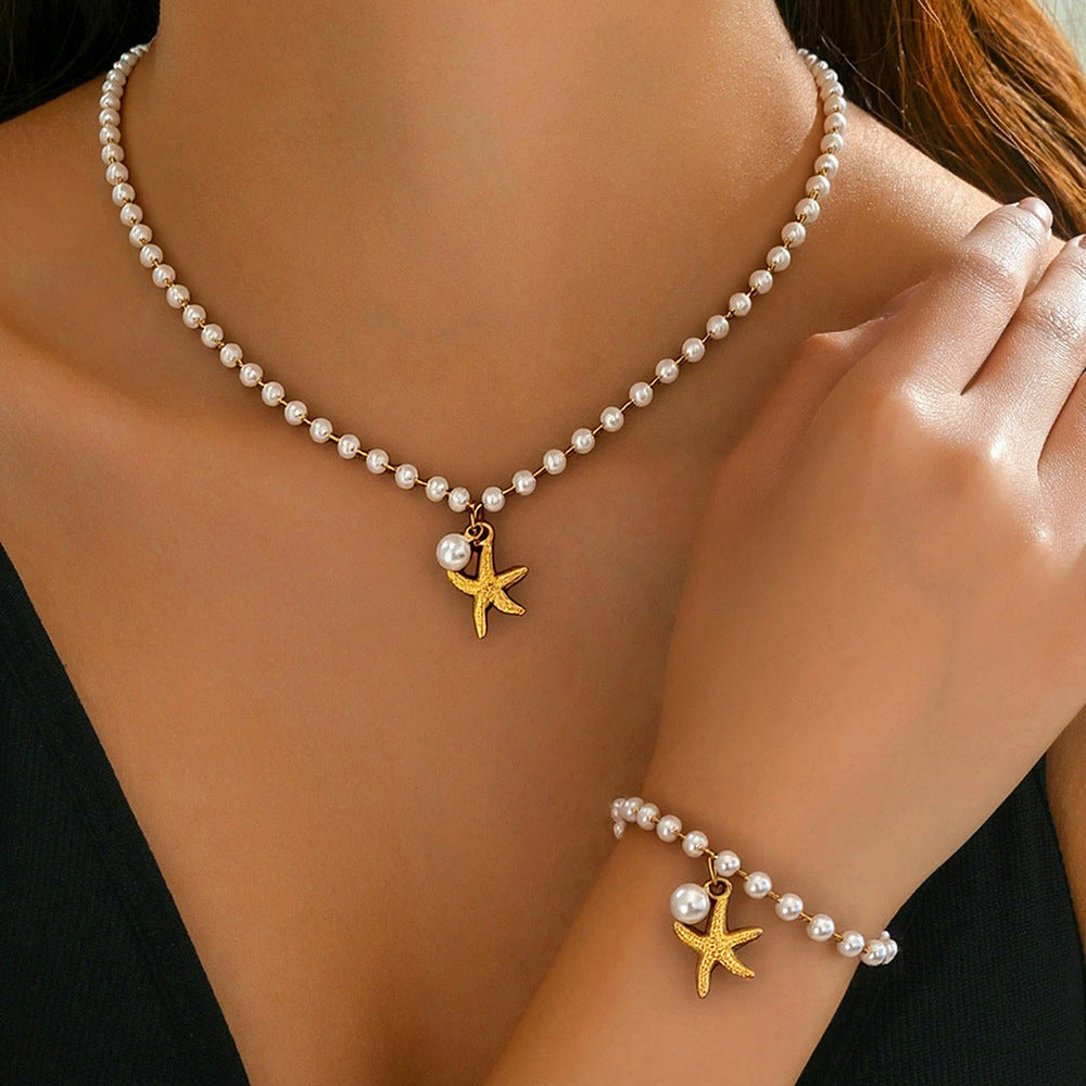 Wholesale 18K Gold Plated Pearl Necklace For Women Star Pendant Summer Beach Style Fashion Jewelry Gift