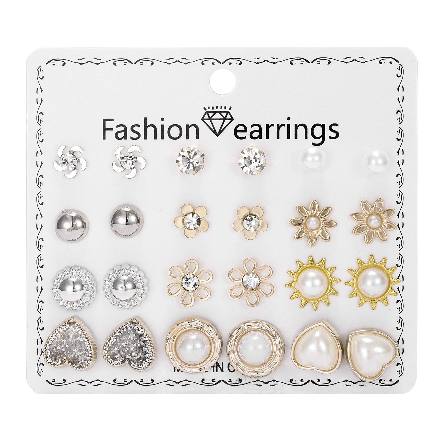 Wholesale 12pcs/set Pearl Rhinestone gold ball combination card earrings set