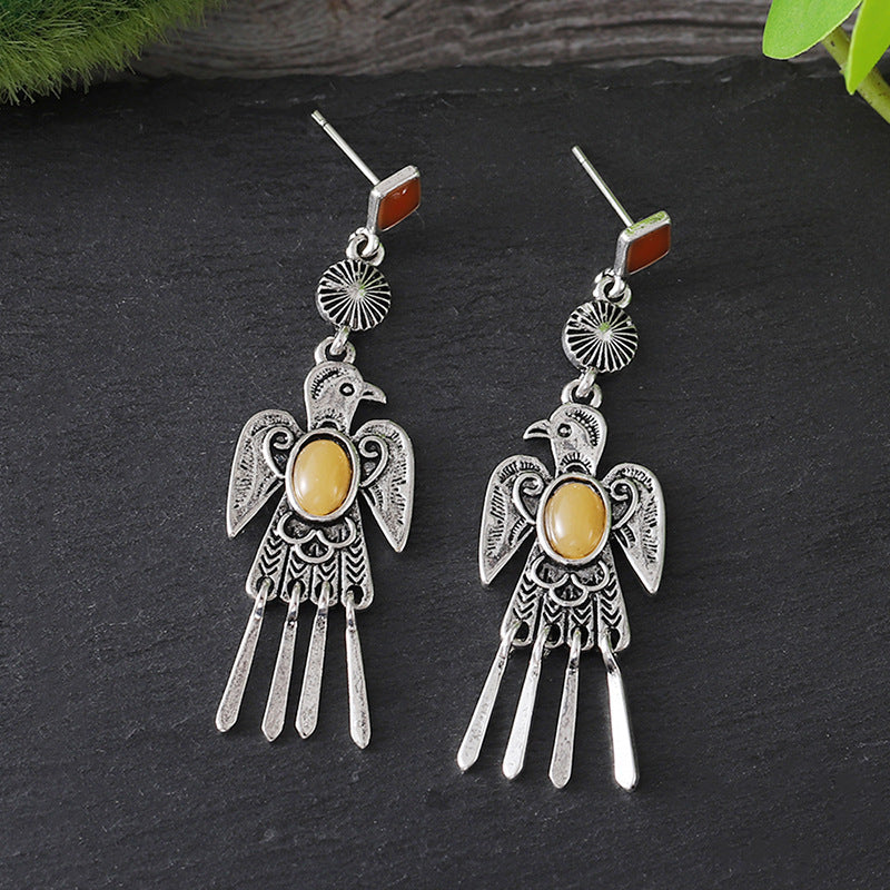 Wholesale Retro Ethnic Bird Earrings For Women Ancient Silver Alloy With Gemstone Accent Fashion Jewelry Accessory For Gift And Boutique Resale
