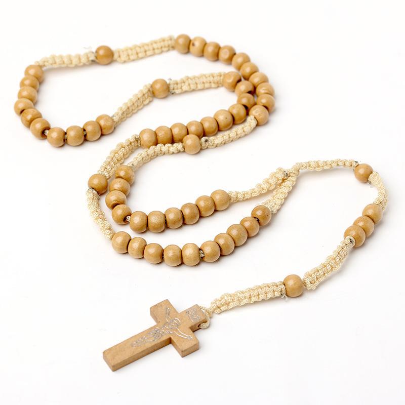 Wholesale Natural Wood Beads Cross Rosary Prayer Necklace Handwoven ACC-NE-Chengz001