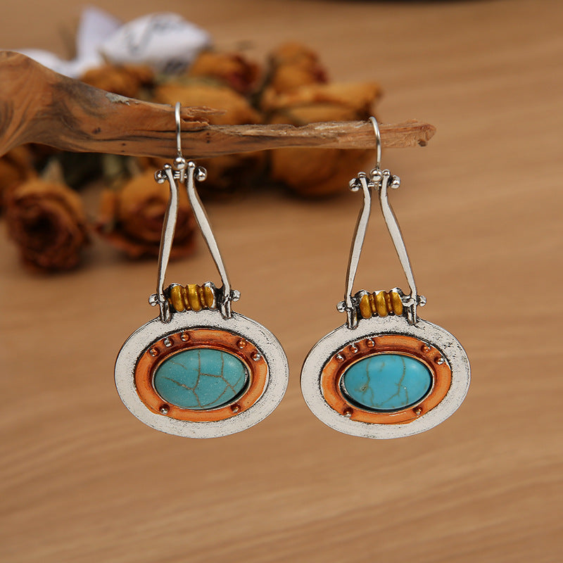 Wholesale Stylish Retro Oval Turquoise Double Color Alloy Earrings Jewelry Accessory