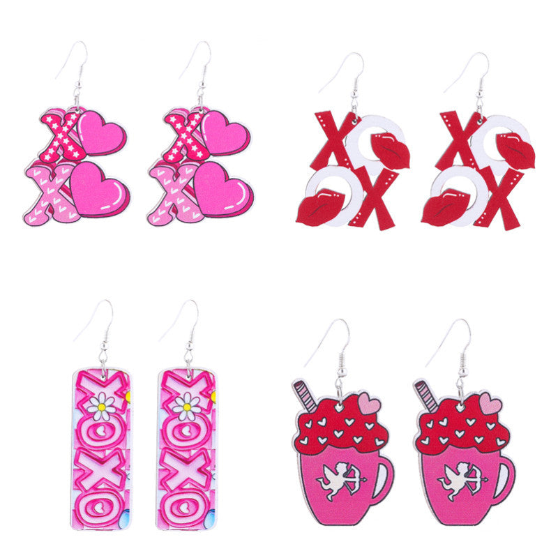 Wholesale  wooden Valentine's Day earrings  lips pink love xoxo letter earrings