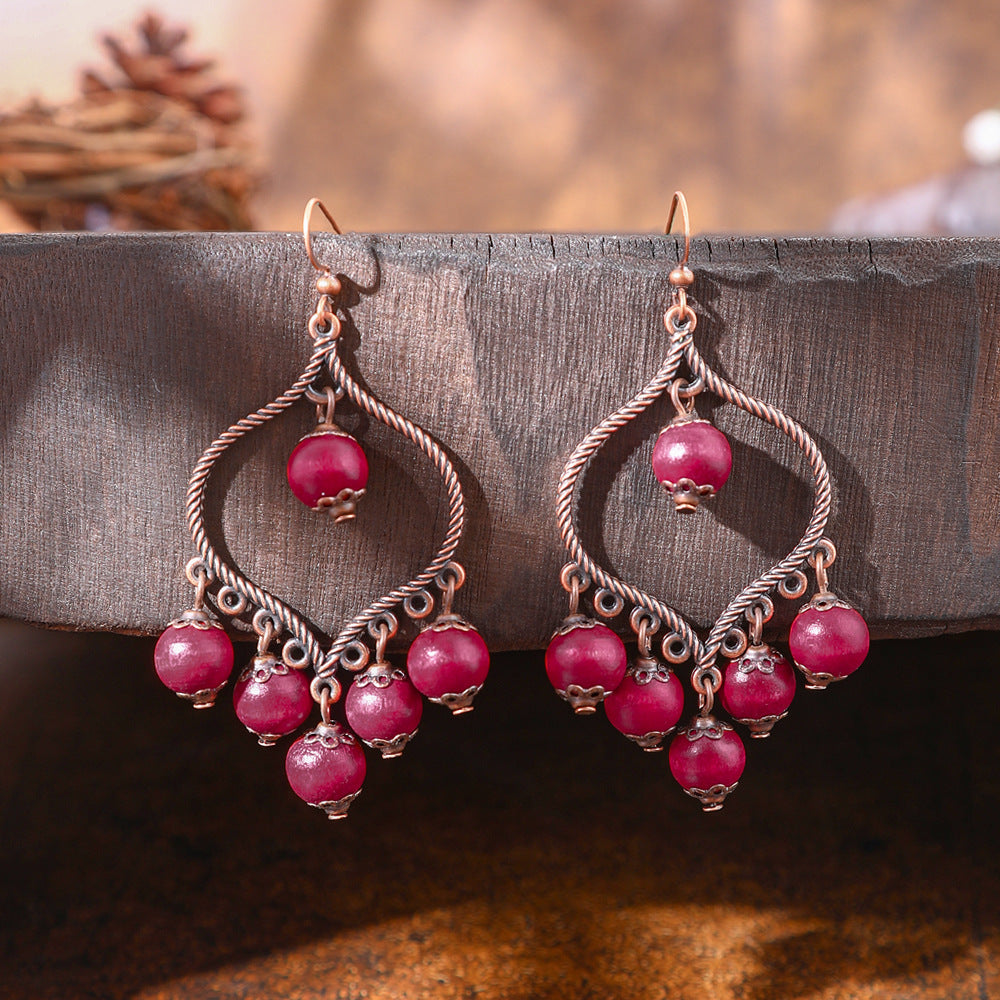 Wholesale Vintage Chinese Style Red Tassel Earrings Long Exaggerated Party Wear Jewelry Accessory