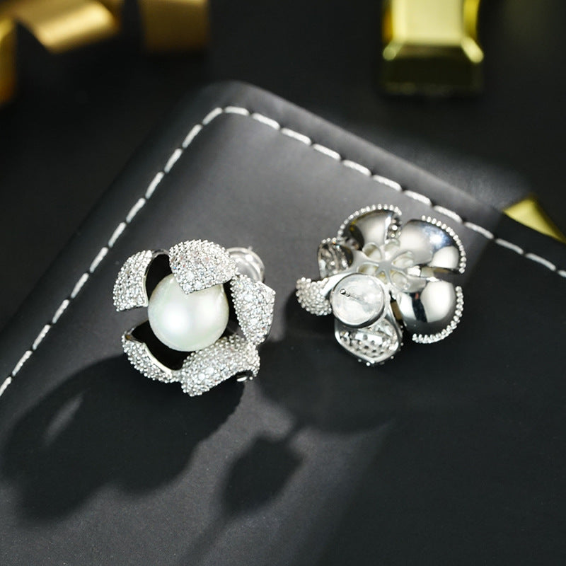 Wholesale  Light Luxury  Micro-inlaid Zirconium Pearl Flower Earrings