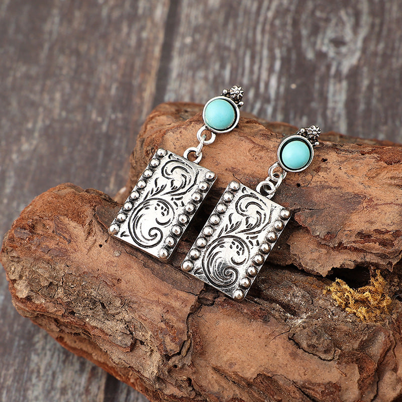 Wholesale Alloy Vintage Carved Square Turquoise Earrings for Women - Bohemian Style Jewelry Accessory