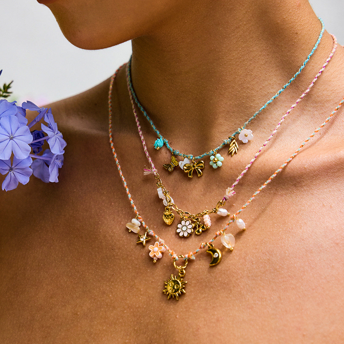 Wholesale 18K Gold Stainless Steel Pearl Shell Pink Oil Dripping Flower Cherry Necklace